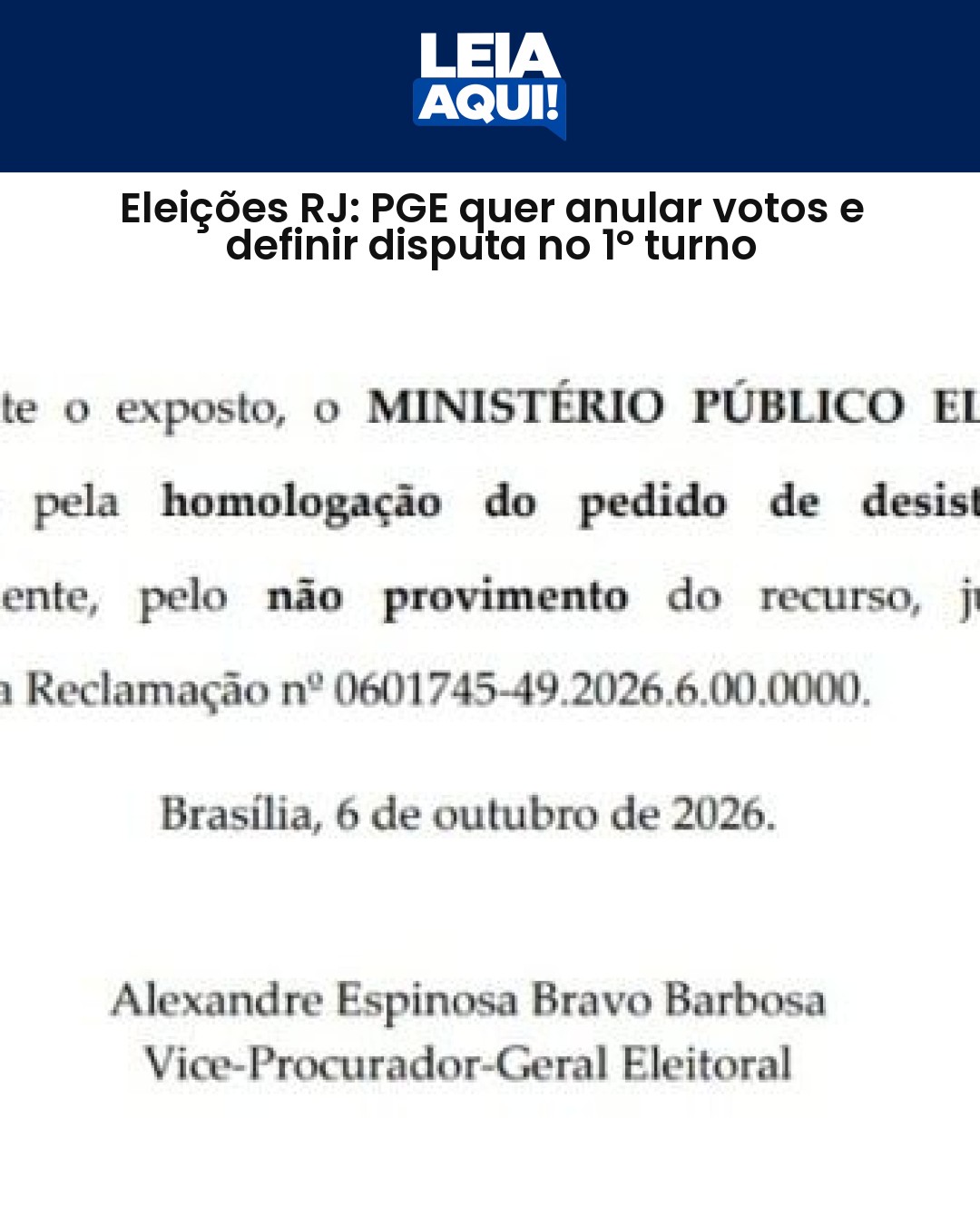 Eleições RJ: PGE quer anular votos e definir disputa no 1º turno