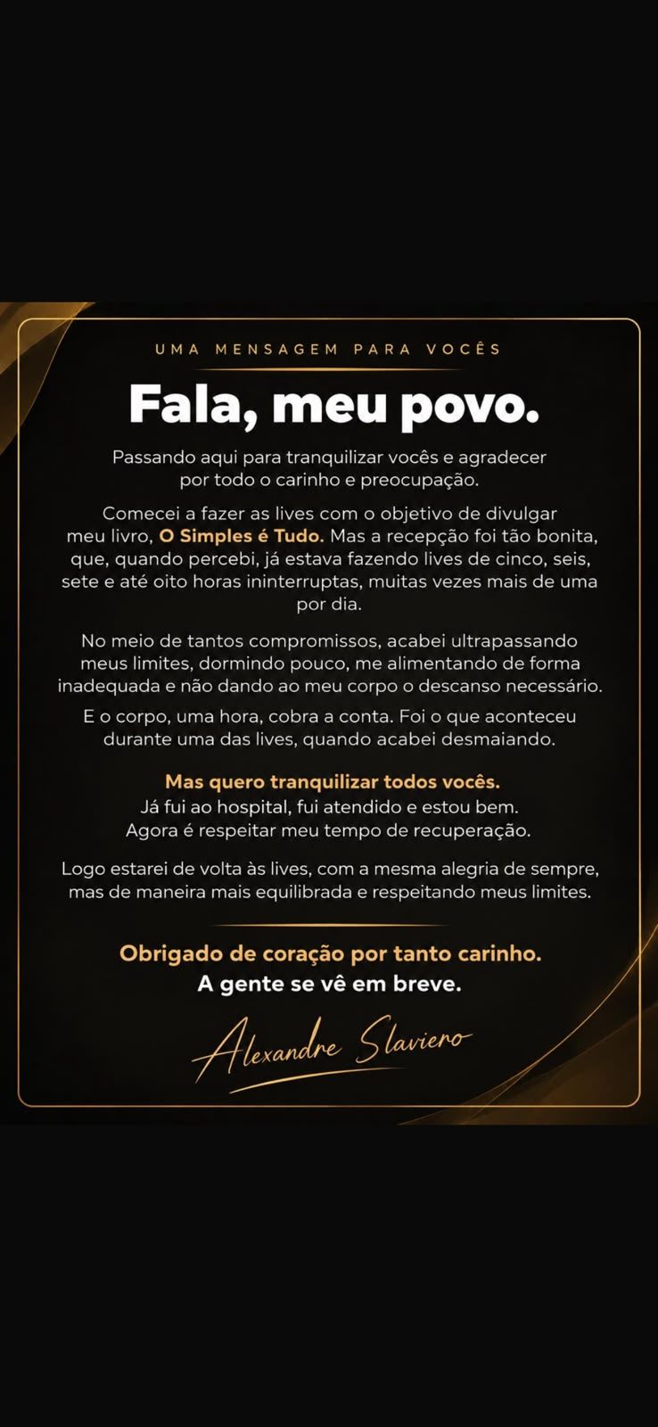 Após desmaiar durante live, Alexandre Slaviero conta o que aconteceu e afirma estar bem