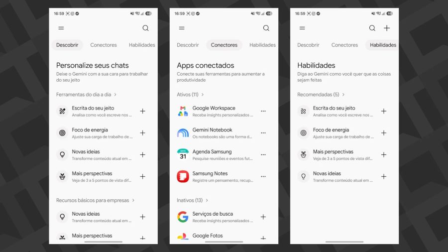 Gemini ganha menu para conectar apps e criar funções sob medida