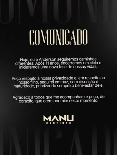 Manu Bahtidão anuncia fim de casamento após 11 anos