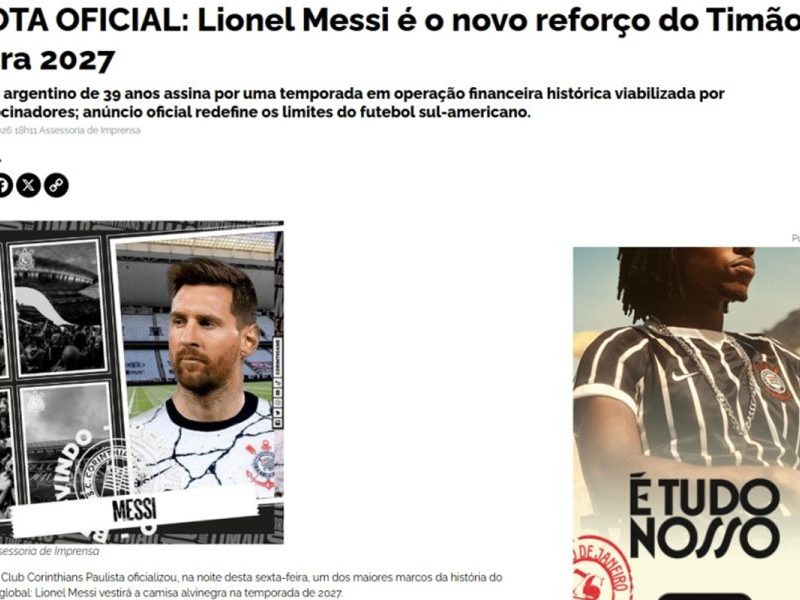 “Messi no Corinthians”: clube paulista tira site do ar após ataque hacker