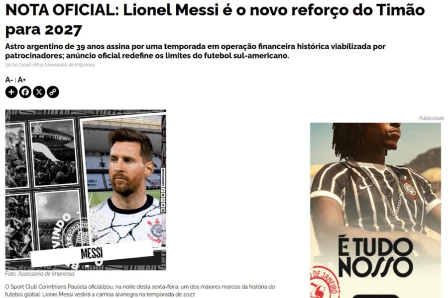 "Messi no Corinthians": clube paulista tira site do ar após ataque hacker