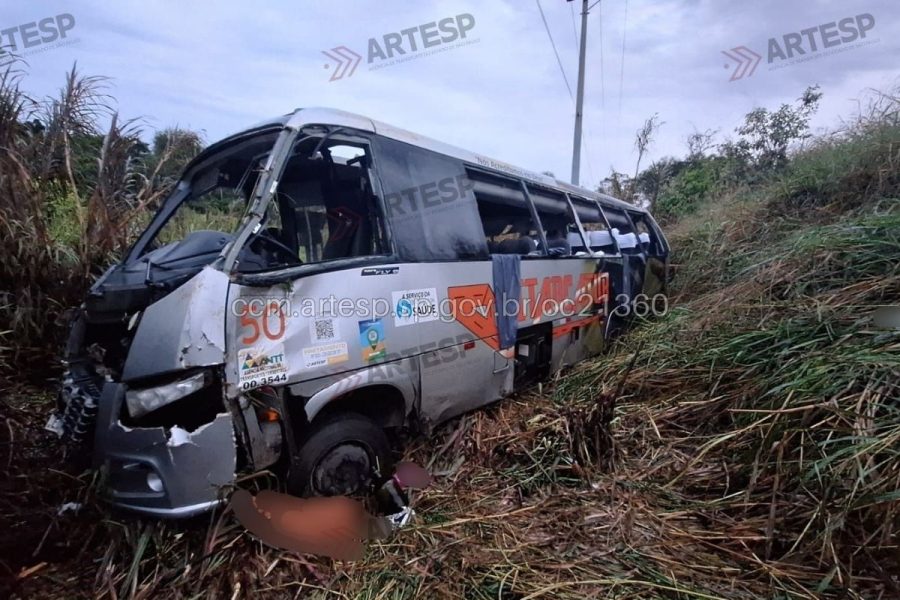 Micro-ônibus é fechado por caminhão, cai em ribanceira e deixa 3 mortos