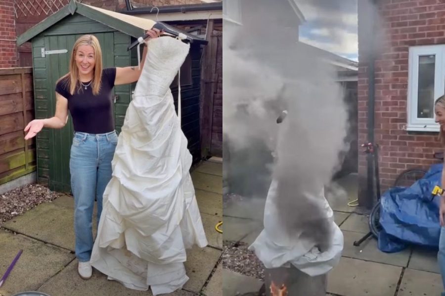 Mulher celebra divórcio com festa temática de funeral e queima de vestido