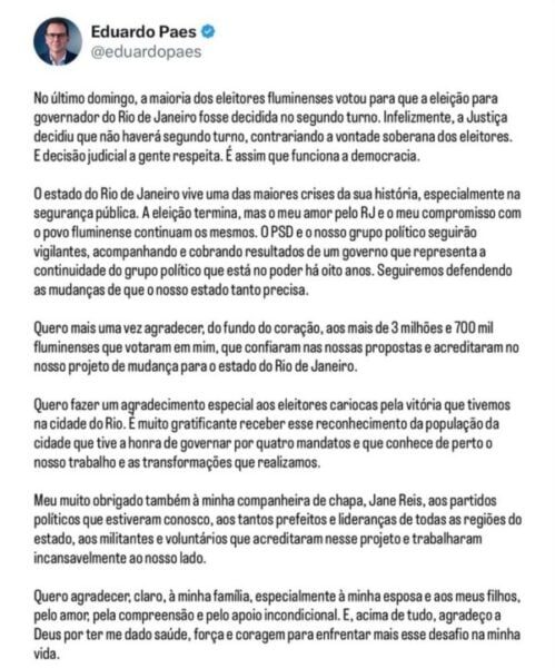 Paes reconhece derrota após decisão do STF; leia a nota oficial