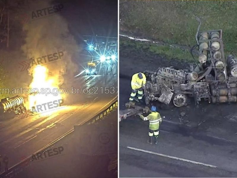 Acidente no Rodoanel causa fogo em carretas e interdição