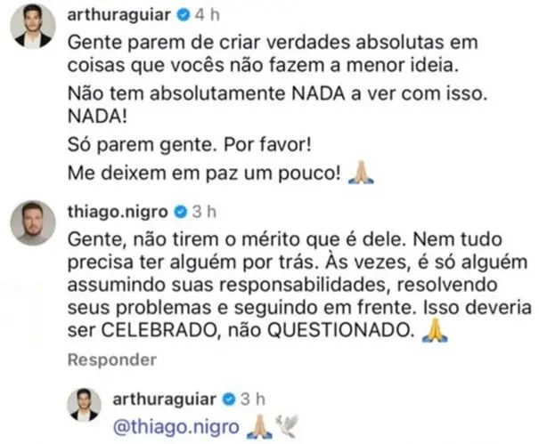 Thiago Nigro defende Arthur Aguiar após boatos de dívida